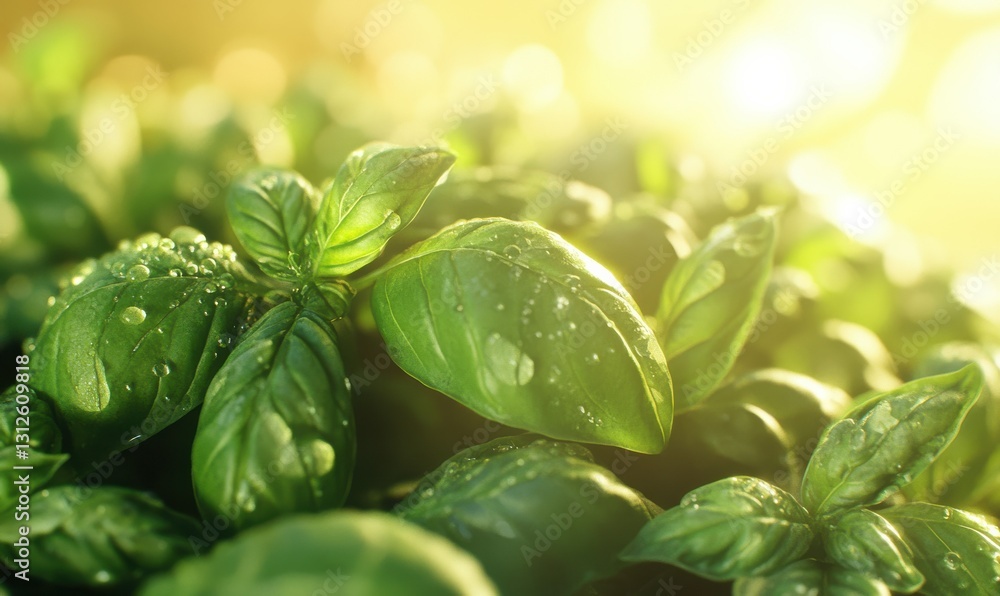 Poster macro view of fresh basil leaves covered in tiny water droplets, illuminated by soft golden light cr
