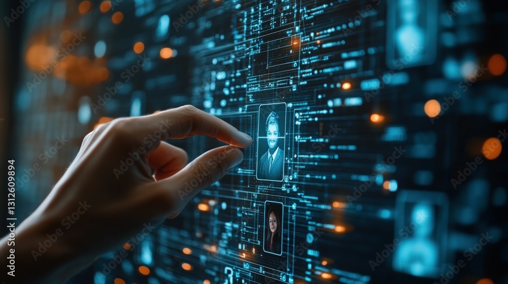 Wall mural digital interface hand selects profile data