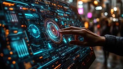 Futuristic interface hand interacts vibrant digital display