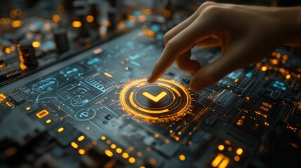 Finger activates glowing digital interface screen.