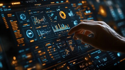 Hand interacts with futuristic data screen
