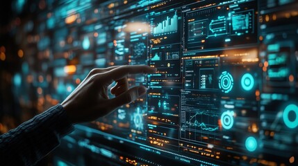 Hand interacts with futuristic digital interface