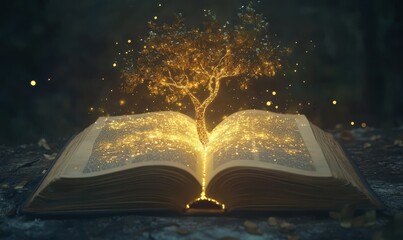 Open book surrounded by glowing golden particles, a luminous tree growing from its pages, symbolizing knowledge and imagination