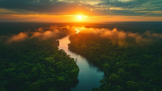 Golden sunset over lush rainforest river
