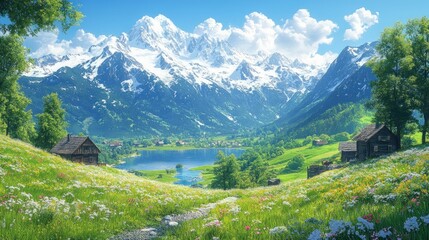 Alpine village nestled in vibrant wildflowers, majestic mountains. © Ali