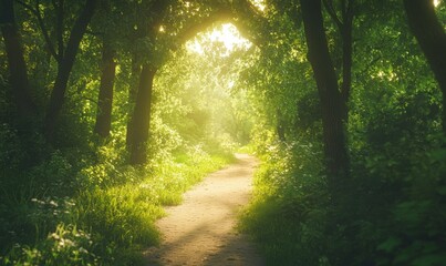 Obraz premium Peaceful wooded path lined with vibrant green trees glowing under golden morning sunlight, creating a serene natural escape
