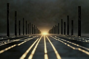 Futuristic city skyline with luminous lines and shapes, featuring a digital map overlay, showcasing AI's role in smart urban development.