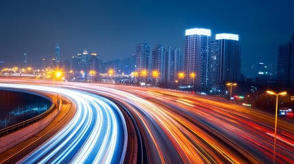 Fototapeta premium Vibrant cityscape at night with illuminated highways and skyscrapers in the background