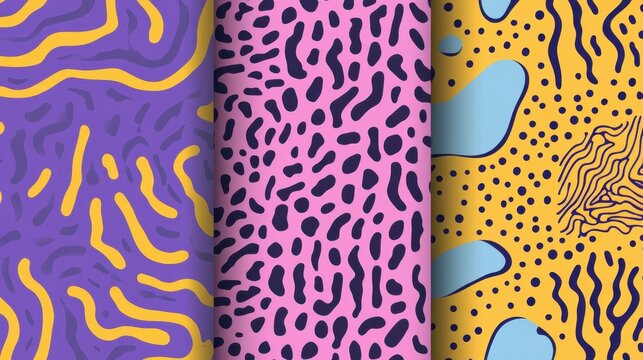 Seamless patterns, abstract organic lines color backgrounds set. Biological patterns with yellow, purple and blue memphis dots, irregular squiggle lines and abstract shape texture