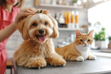 Groomer placing barrette on small dog while orange cat watches
