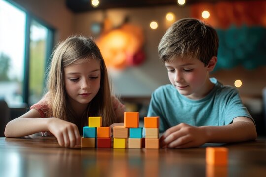 Two children collaboratively build a colorful wooden block tower, engaging in focused play.