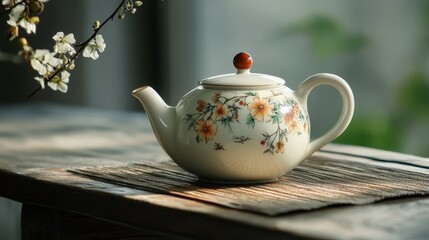 Elegant teapot with a floral design, highlighting tea culture and dining