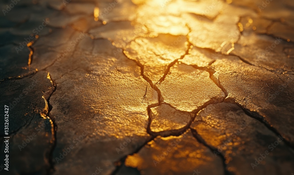 Aufkleber textured abstract composition of cracked golden clay illuminated by warm light, creating a rustic an