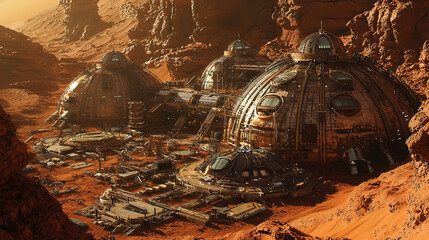 Advanced Martian base with interconnected domes, automated farming systems, and high-tech infrastructure in a red desert environment