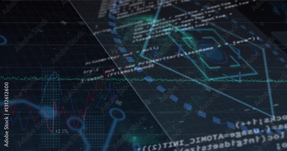 Poster animation with digital data and graphs overlaying futuristic interface on dark background
