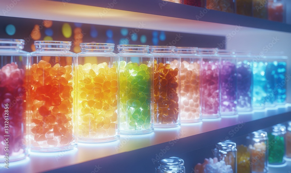 Poster vibrant candy display with rows of colorful sweets arranged in glass jars, illuminated by soft ambie