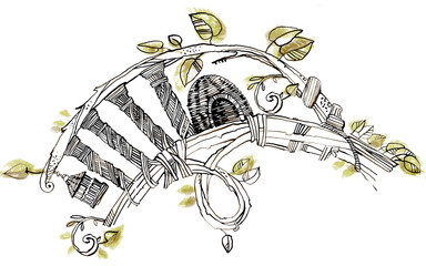 Obraz premium Graphic watercolor illustration branch with nest. With spring leaves.