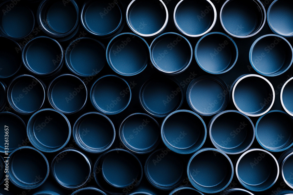 Poster collection of dark cylindrical containers arranged in a grid pattern