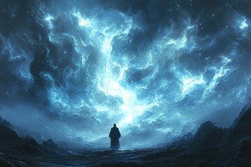 Solitary figure faces ethereal blue cosmic storm