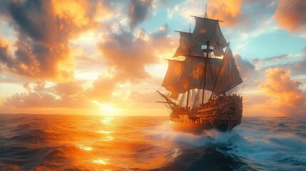 Obraz premium Golden sunset, majestic sailing ship ocean voyage.