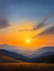 Fototapeta premium Majestic Sunset Over Rolling Hills - Serene sunset view over layers of mountains and a field of golden wheat, vibrant colors, peaceful atmosphere