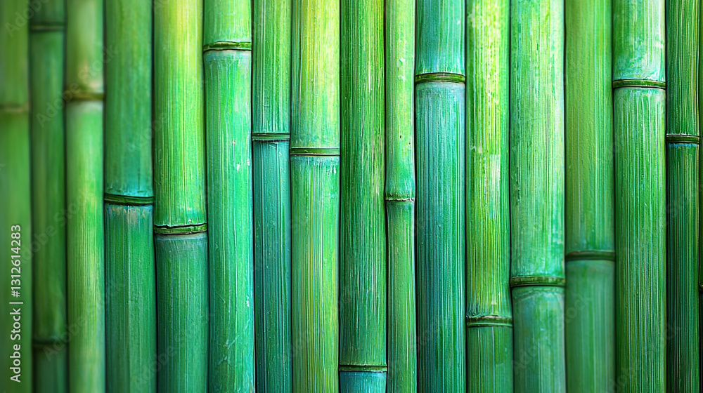 Poster bamboo stalks arranged vertically create a vibrant green backdrop in a lush setting
