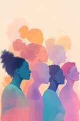 Stylized illustration of diverse women profile silhouettes in colorful composition
