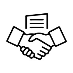 Two hands shaking over a contract icon representing agreement and business deal