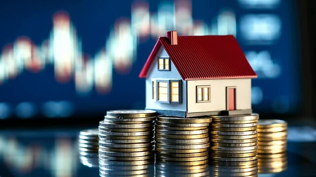 Stylized infographic representation of real estate growth, showing a miniature house on stacks of coins with financial charts indicating market trends and profitability.