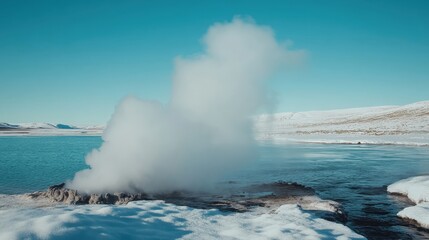 Obraz premium Steam rising from geothermal hot springs near a frozen lake under a clear blue sky