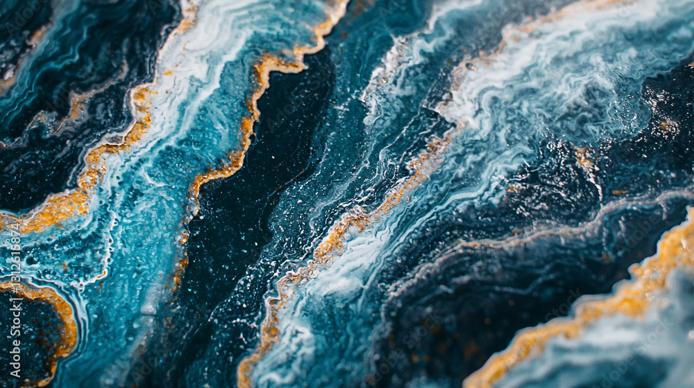 Poster swirling patterns of blue and gold create an abstract landscape on a textured surface