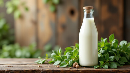 Small bottle of fresh milk with leaves on a wooden table.