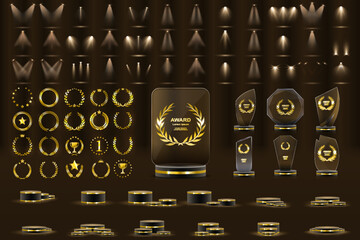 Set of glass award trophy with laurel wreath. Transparent prize template with golden laurel branches. Winner first place concept. Vector illustration. Golden Stage Spotlights Royal Awards Graphics
