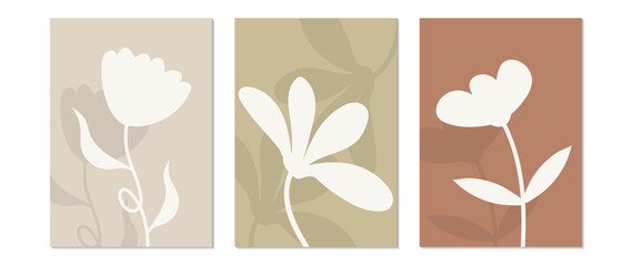 Set of abstract vector botanical posters with foliage. Leaves, flowers, organic shapes, boho, earth colors. Illustration design for eco packaging, interior, cover, wall art, wallpaper.