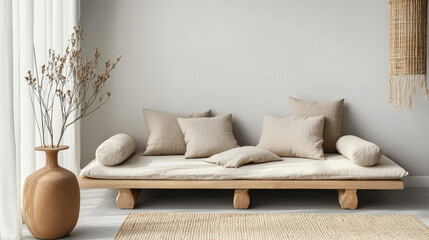 Minimalist Wooden Daybed with Neutral Tones and Elegant Interior Design