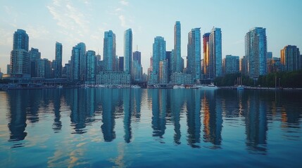 Fototapeta premium Skyline with waterfront view. Skyscrapers of financial downtown at daytime. Concept of data protection regulation and privacy for all individuals