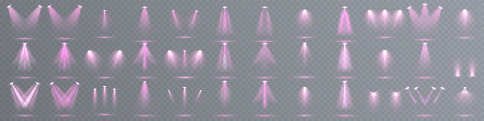 Stage spotlight with realistic glowing beams and dramatic light effects. Vector illustration featuring studio lighting, concert spotlights, and focused illuminated rays. The transparent background