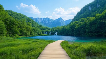 A wooden pathway leads to the beautiful lake and waterfalls in the mountains