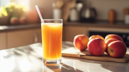 Refreshing Orange Juice in a Glass Served with Fresh Red Apples on a Bright Kitchen Countertop