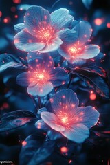 Glowing flowers illuminate night garden scene.