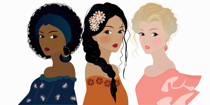 People of different nationalities. Multiracial. Vector image of women of Caucasoid, Mongoloid and Negroid races
