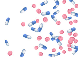 Anti-cold pills medical vector illustration. Capsule drugs and tablets illness prescription elements. Blue white and pink pills, emergency treatment or vitamins. Painkiller tablets concept.