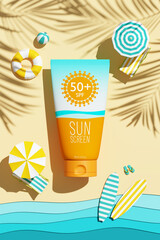 Aerial view of sunscreen tube and miniature beach accessories for resting. Protection for the skin from solar ultraviolet light. 3D rendered illustration. 3d package for promo of cosmetic goods.