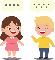Two cheerful children engaged in conversation, illustrated in a flat design style, with speech bubbles conveying playful dialogue, vector illustration