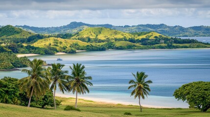 Tropical island beach view, calm waters, lush hills, cloudy sky. Use travel brochure