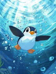 Playful Penguin Underwater Adventure - Adorable cartoon penguin swimming underwater, surrounded by bubbles and sunlight. Perfect for children's books, websites, and more