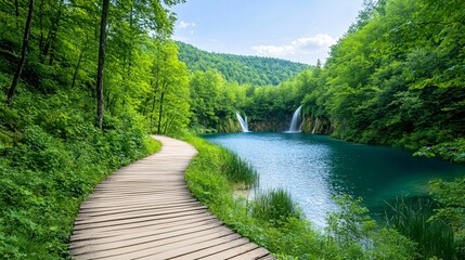 Fototapeta premium Wooden path winds past a lake and several cascading waterfalls