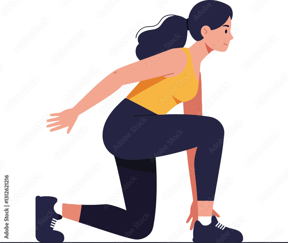 Poster a determined woman preparing to sprint in a dynamic pose, featuring a flat, minimal design style in 
