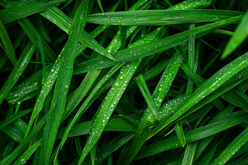 Fresh green grass with dew drops after morning rain in a natural setting