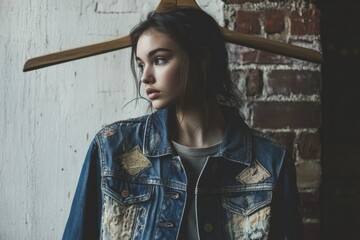 A young woman with dark hair, wearing a distressed denim jacket, stands against a brick wall, a wooden hanger above her.